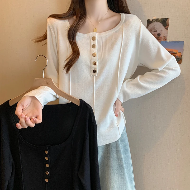 大码女装韩版遮肚子正肩长袖打底衫女春秋胖mm显瘦方领针织上衣