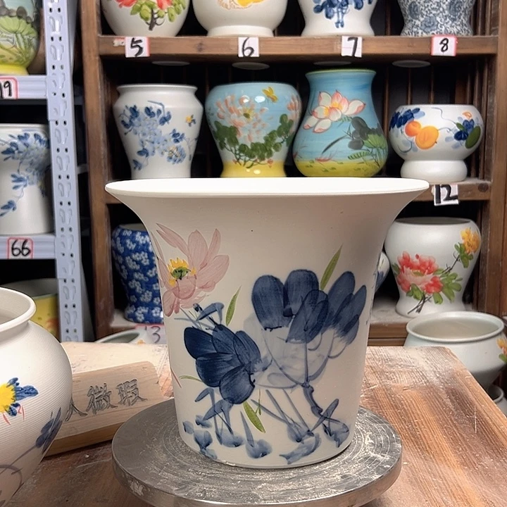 陶斗笠青花荷花陶瓷