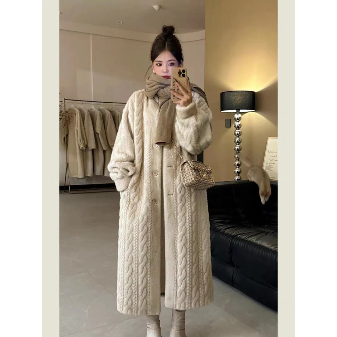 气质长款环保水貂绒毛宽松慵懒风麻花貂毛大衣女式开衫时尚大气保