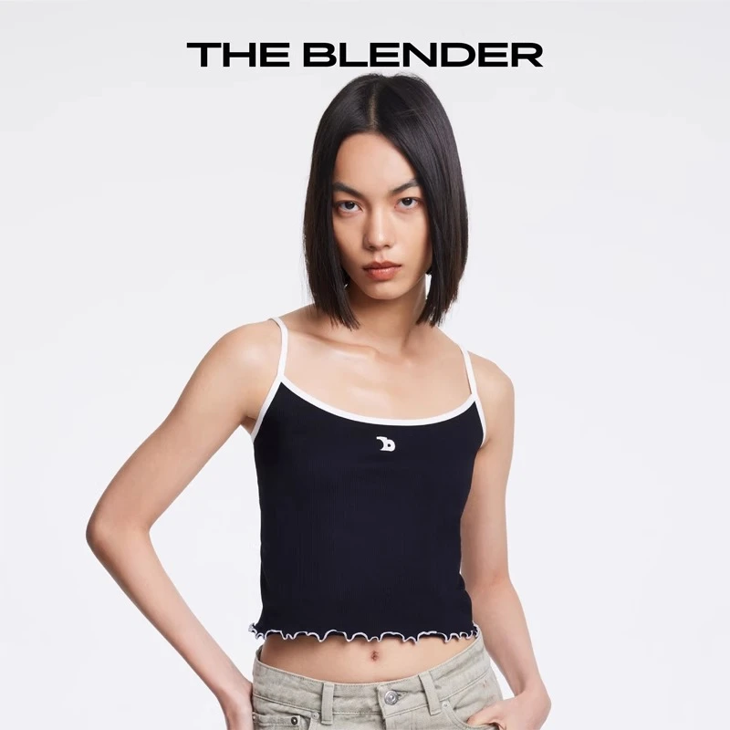 The Blender 刺绣LOGO撞色荷叶边无缝针织吊带显瘦打底背心秋季