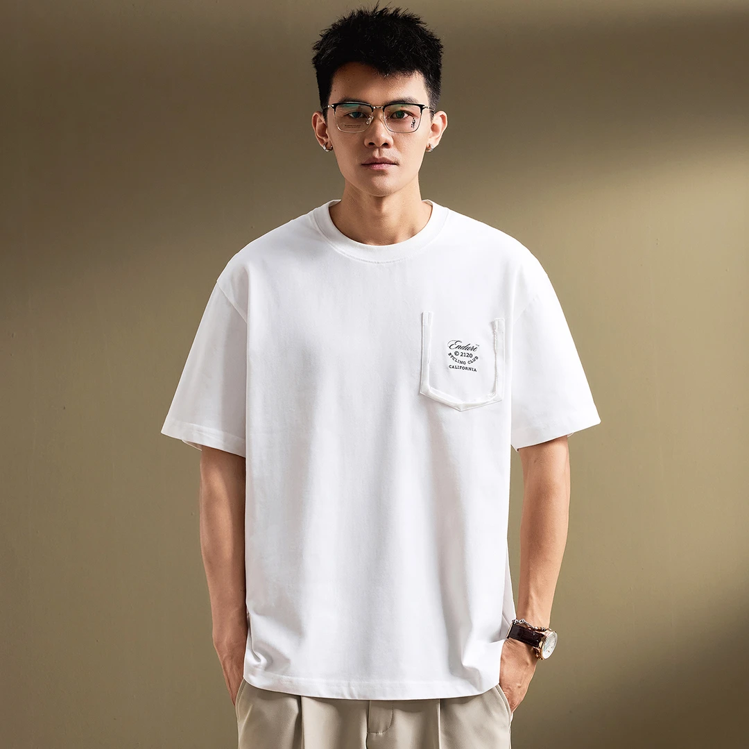 高端日系复古简约贴袋短袖T恤男夏季薄款英文刺绣宽松百搭上衣男