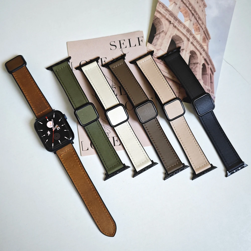 新款高品质适用iwatch11/10/9苹果疯马纹真皮方扣磁吸表带男女款