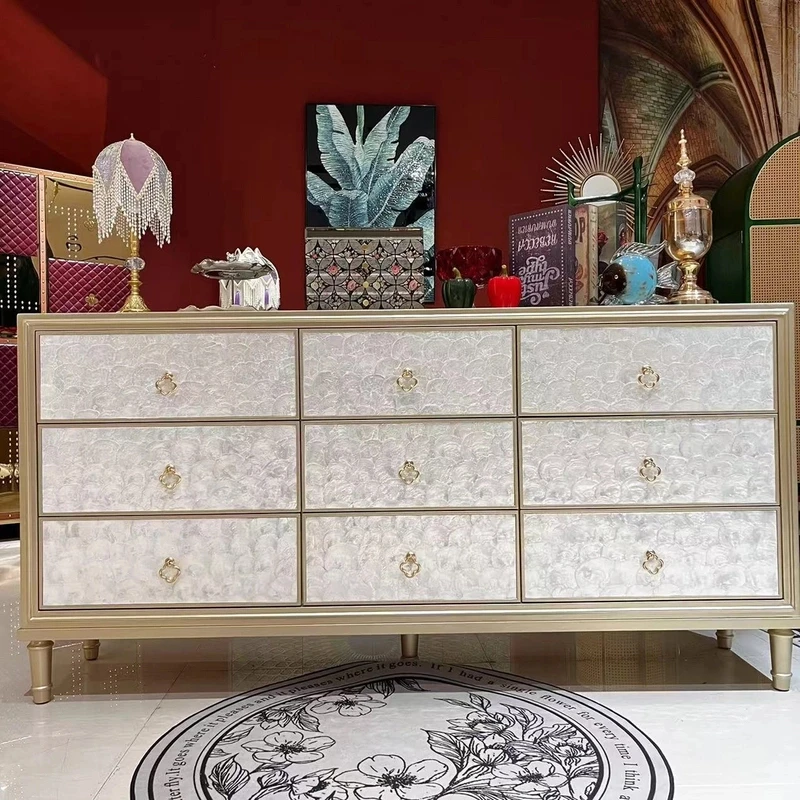 【喜悦家具】YR 轻奢实木811#贝壳九斗柜/香槟金 180*40*90