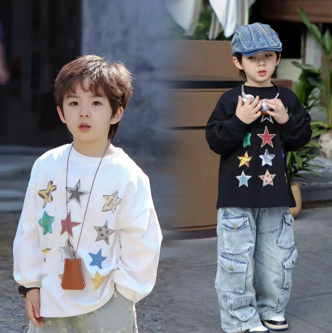 2025春季新品T恤纯棉星星长袖时尚休闲中大童长袖