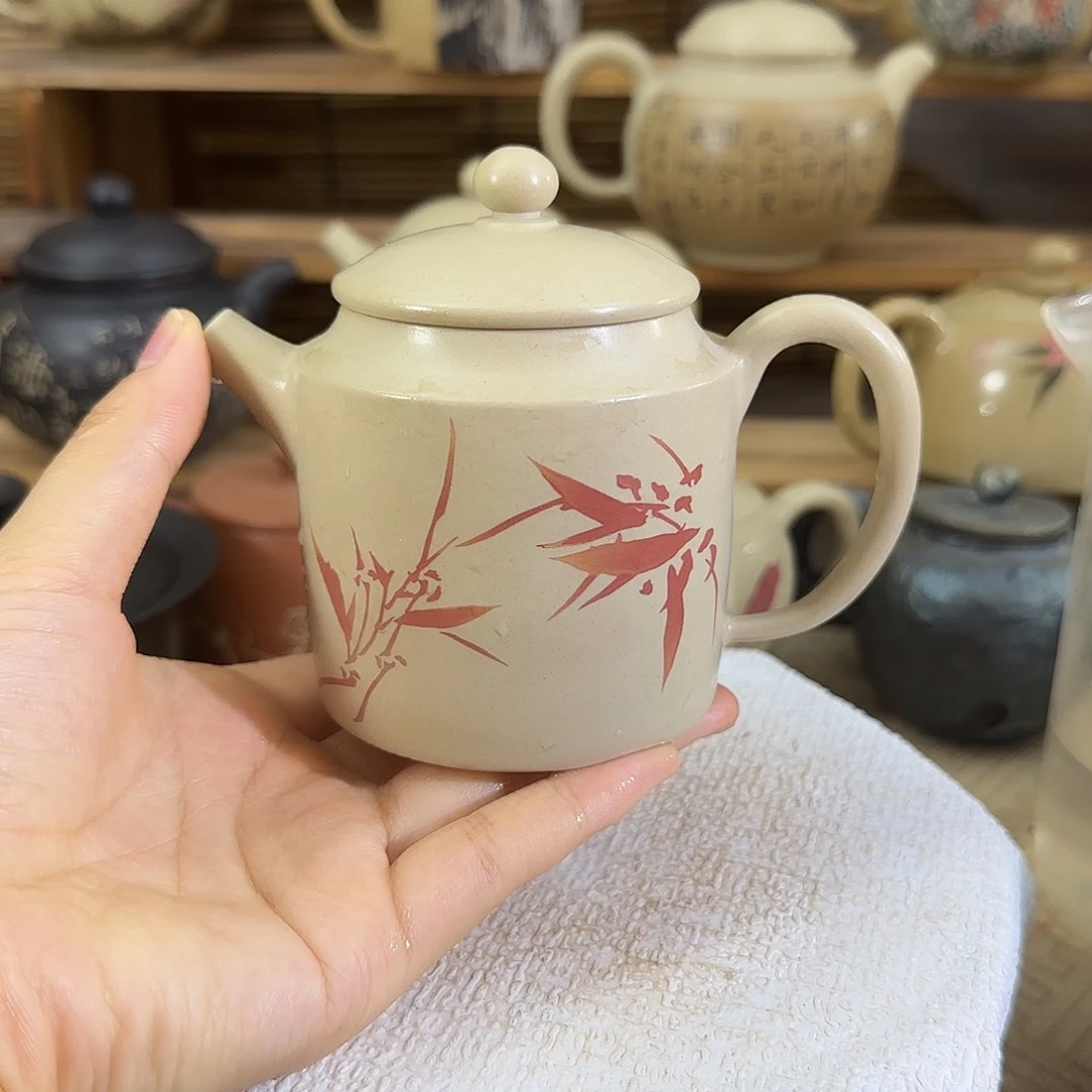 建水紫陶白泥彩填壶全手工