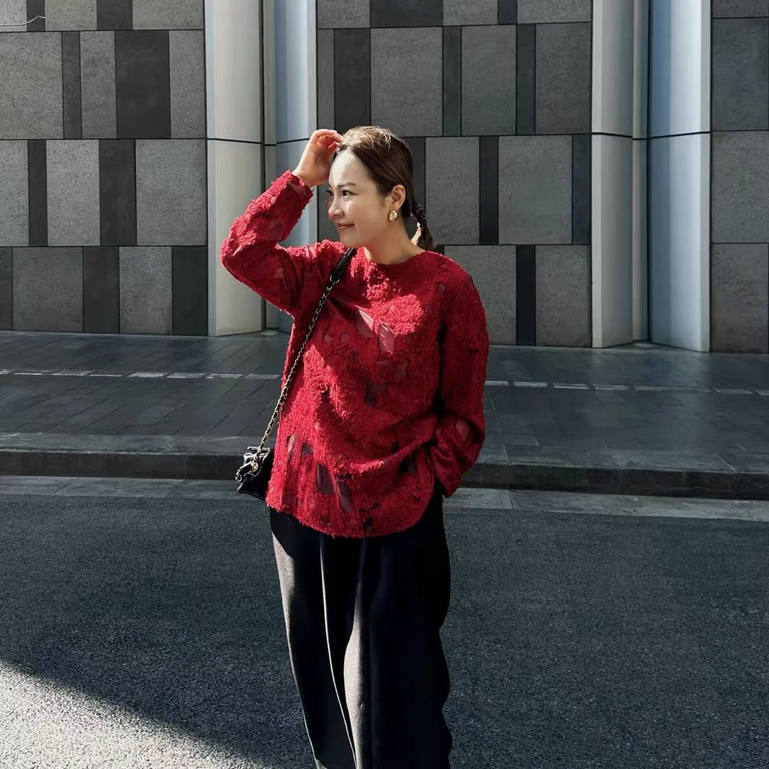 华裔陈总【新年开运】镂空钩花圆领慵懒风宽松提花上衣