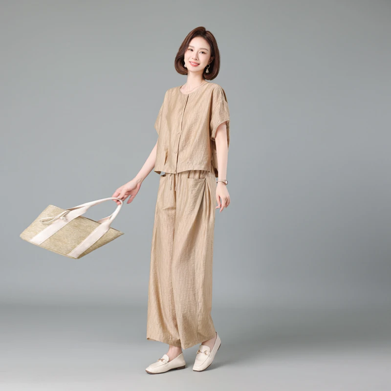 桑蚕丝休闲女装纯色夏季气质休闲风洋气套装显瘦阔腿裤时尚女套装