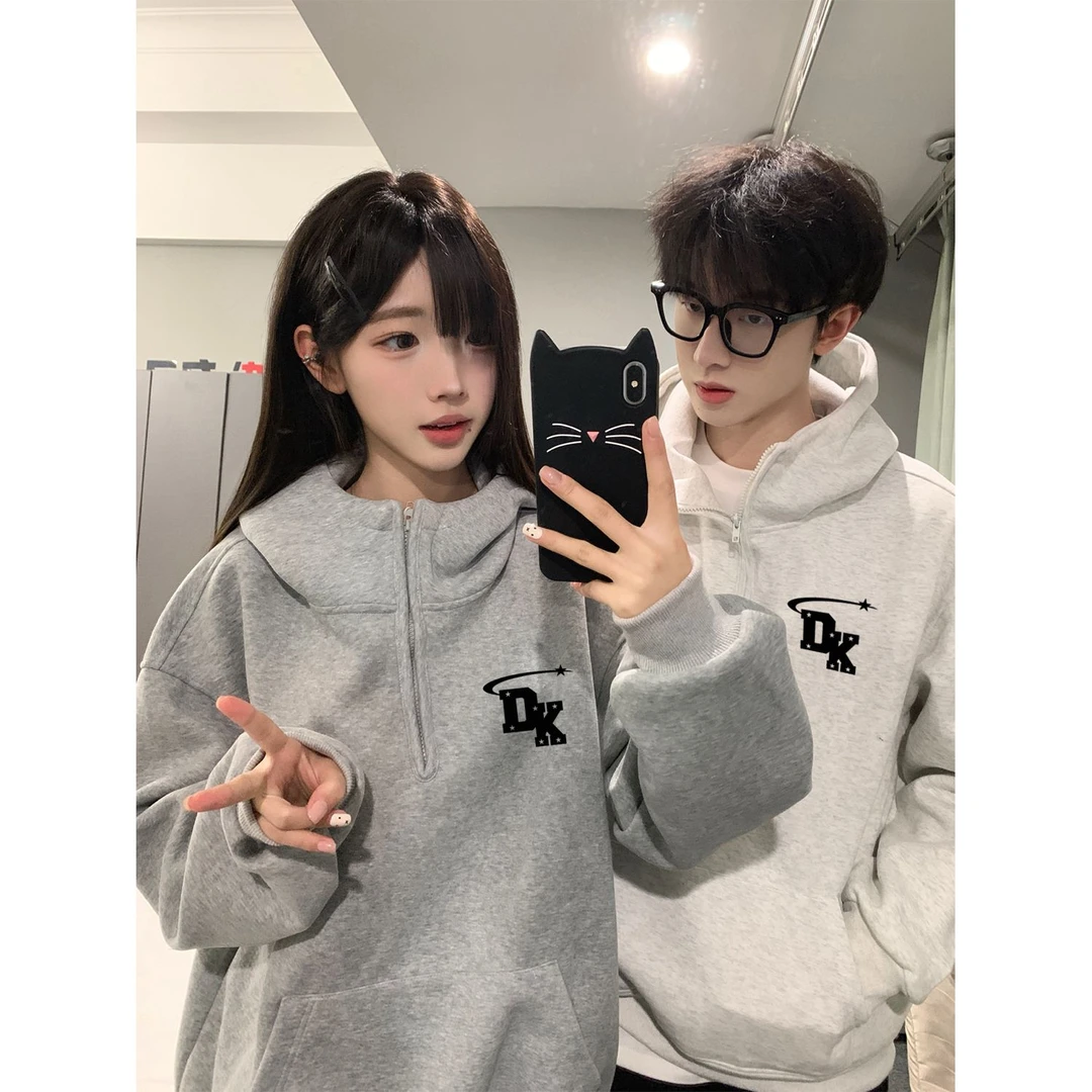 美式个性印花男女卫衣连帽秋冬季半拉链情侣艺术简约字母百搭上衣