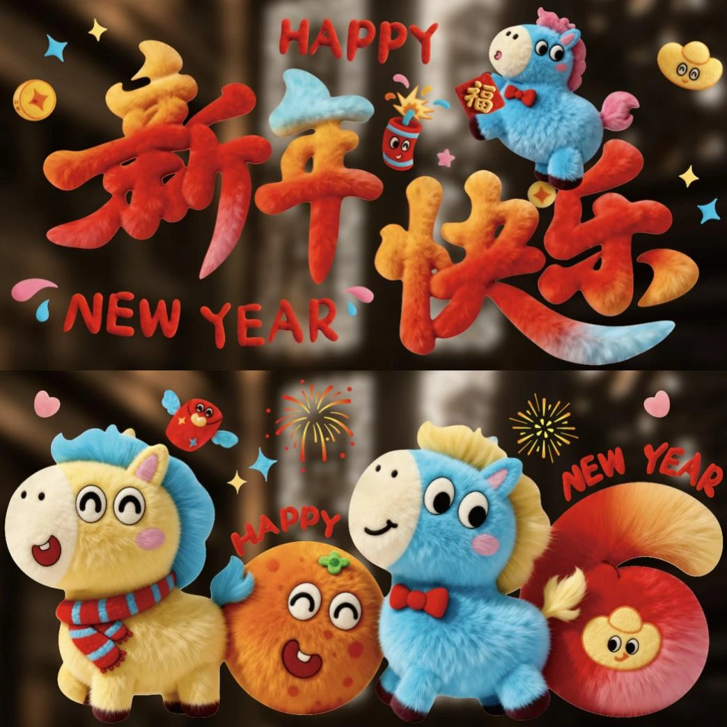 2026马年5D可爱小马贴饰质感静电贴装饰品橱窗玻璃新家卡通装饰贴