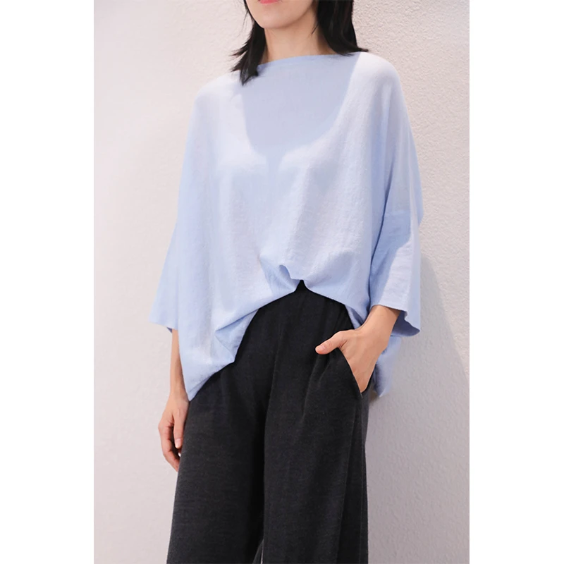 东雍 慵懒宽松精纺简约百搭一字领落肩七分袖羊绒针织毛衣套头衫