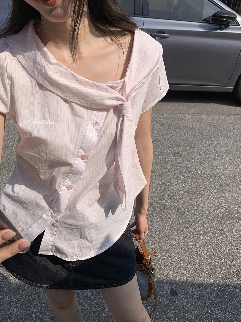 【小雨的店】韩系蝴蝶结绑带条纹短袖衬衫女夏季新款甜美上衣1021