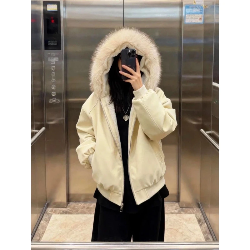 米杏色仿兔毛绒大毛领座山雕外套棉服男女冬季加绒加厚派克服夹克