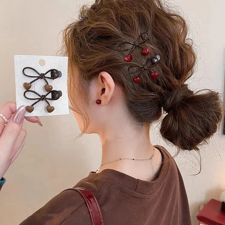 咖色爱心边夹侧边前额发卡蝴蝶结发夹女2025新款刘海夹子高端头饰