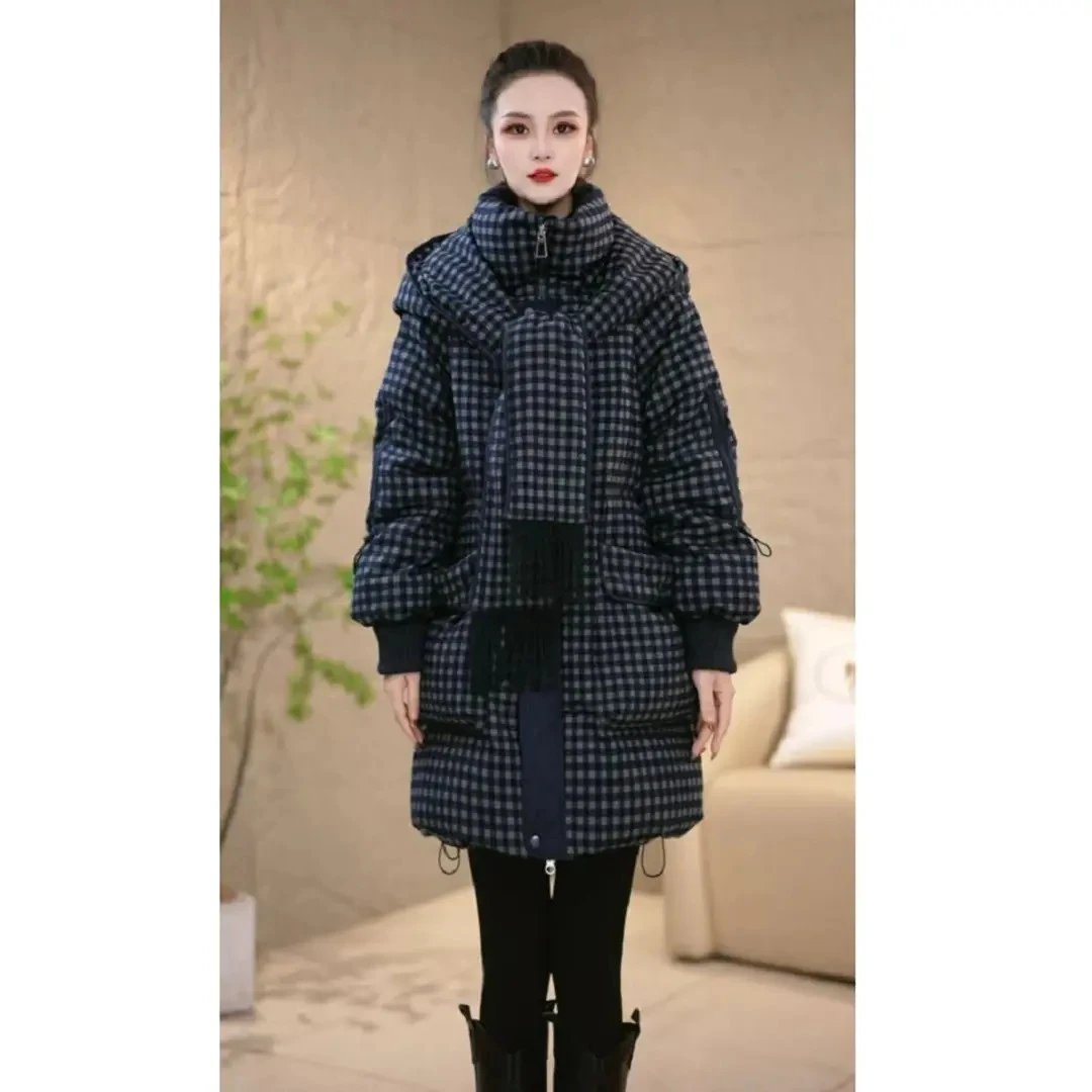 【羽绒服】色织格纹精纺冬季新款围巾连帽通勤百搭时尚保暖羽绒服