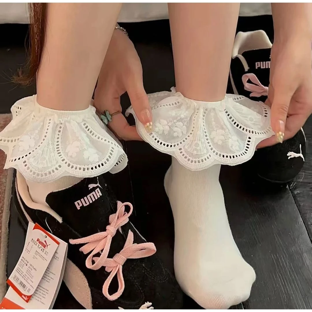 【高品质】立体刺绣花边袜女短袜夏季薄款镂空荷叶边芭蕾风短筒袜女