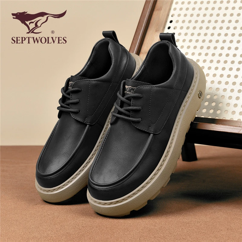 七匹狼男鞋冬季轻便软底经典百搭时尚休闲鞋厚底黑色复古男士皮鞋