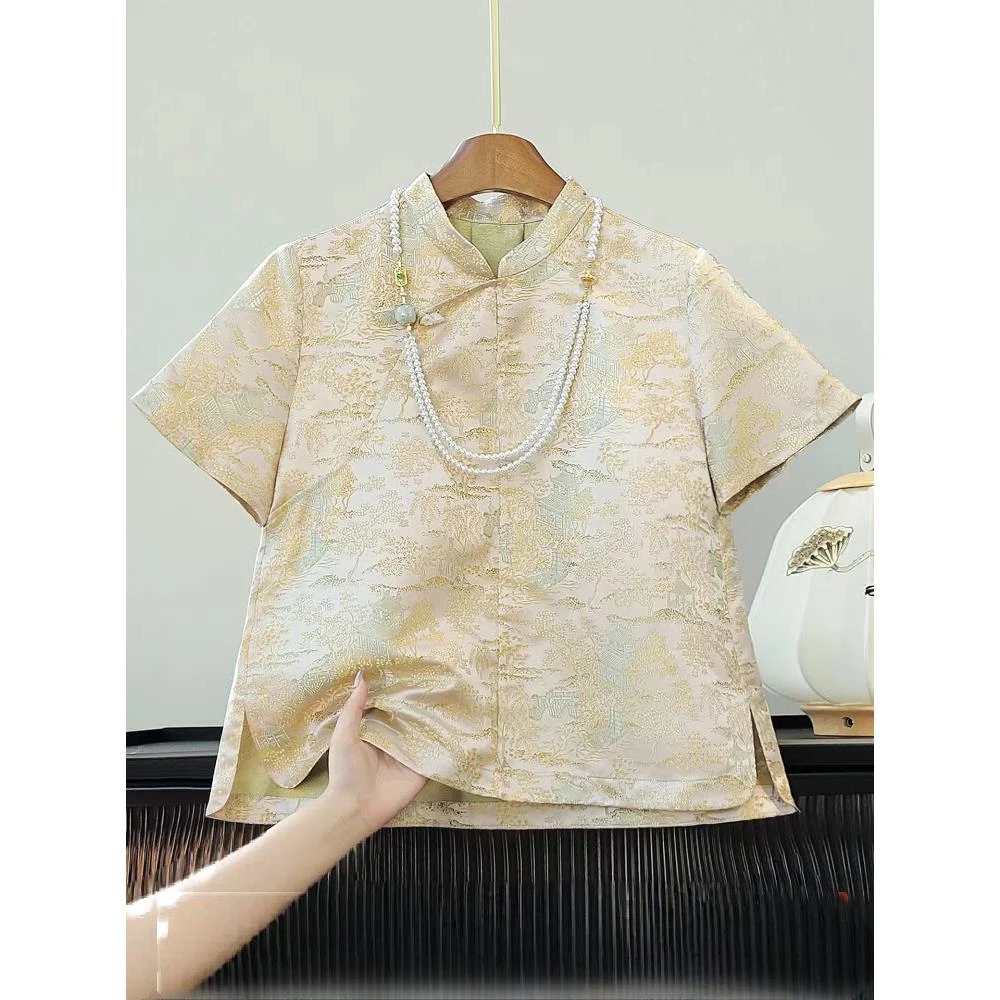 改良斜襟宋锦提花新中式国风衬衫女夏季新款短袖改良旗袍唐装上衣