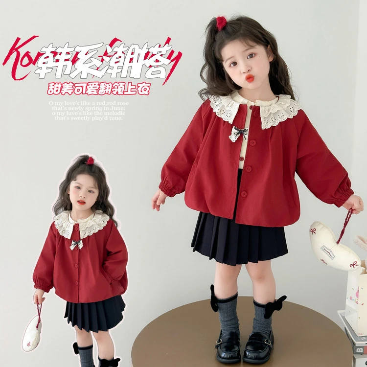 女童秋季外套儿童新款花边领甜美风衣小女孩春秋长袖韩版洋气上衣