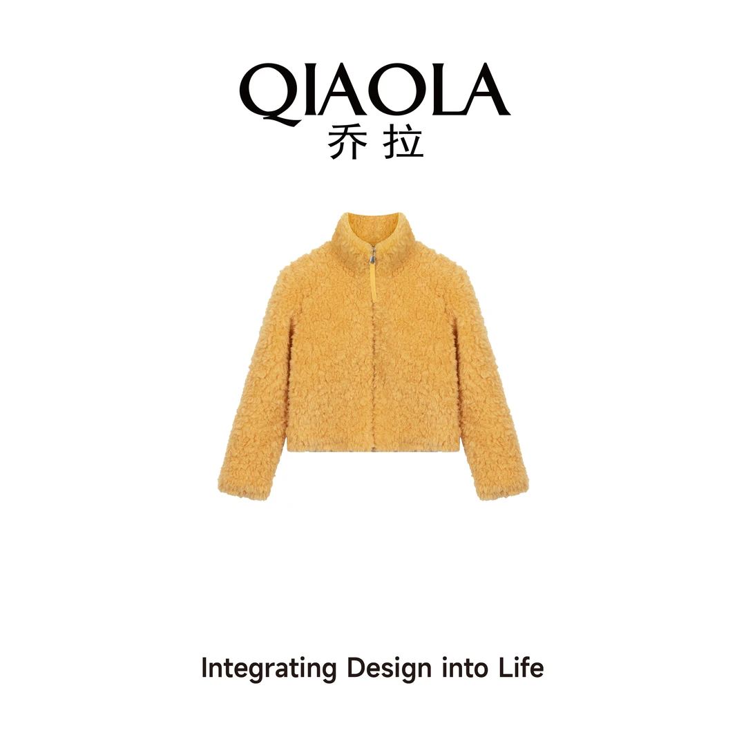 QIAOLA/乔拉【甜橙气泡】秋冬仿羊羔毛立领休闲百搭洋气短外套预售