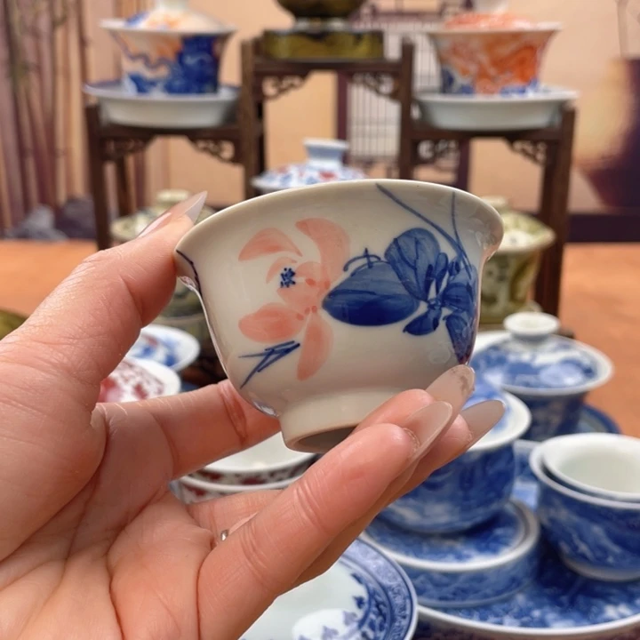 陶摆件手绘荷花小压手杯