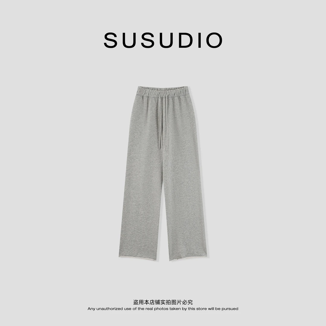 SUSUDIO 100棉 早秋极简破边松紧腰无缝对针直筒休闲裤 40619