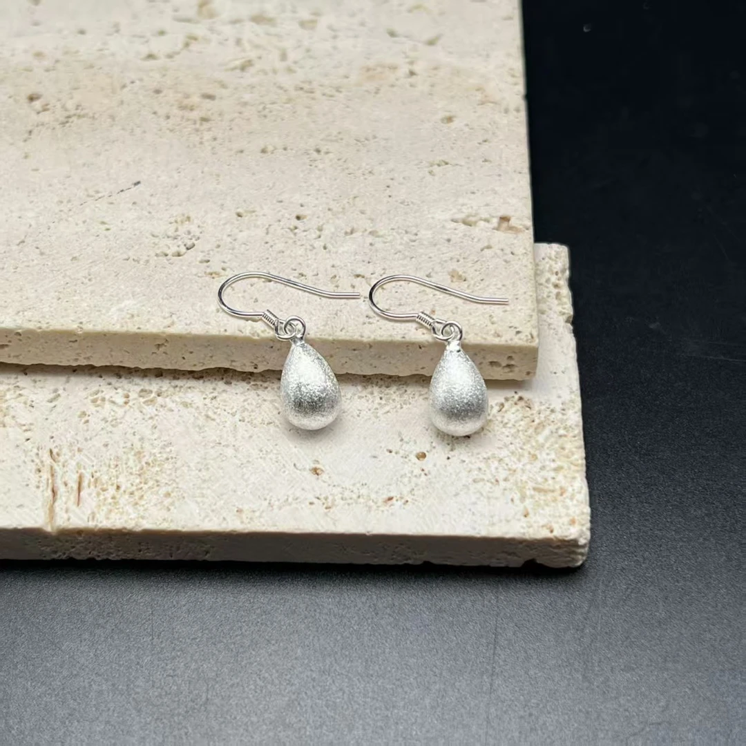 足银耳饰 【北野珠宝】足银拉丝水滴耳钩-B08H-334尺寸14x7mm