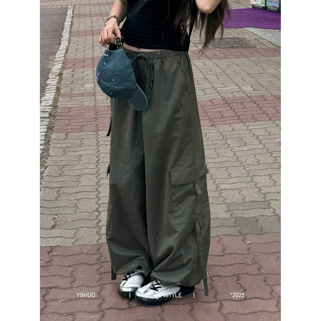 YSHUO【自在节奏】工装裤高腰松紧腰绑带设计垂感直筒束脚裤 8916