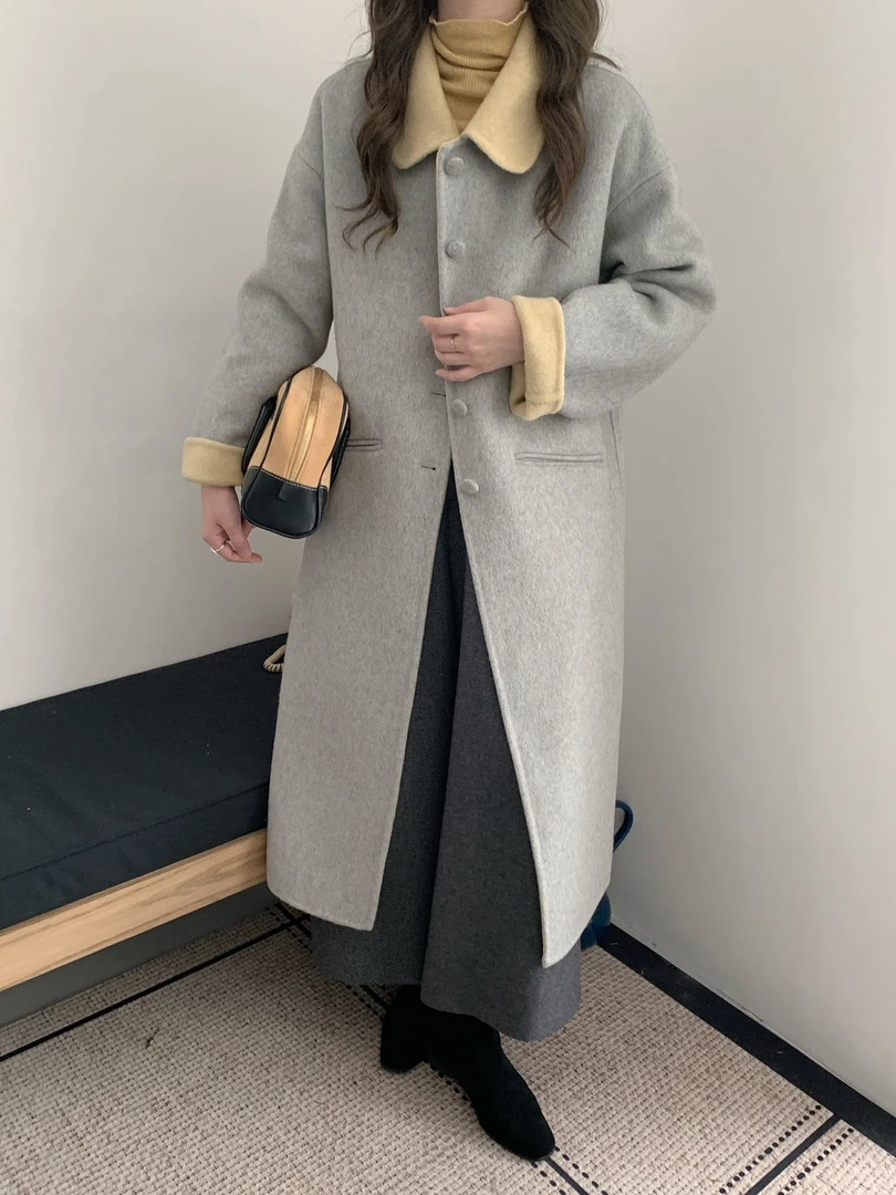 网红炸街时尚女装羊毛大衣学院风娃娃领撞色保暖百搭双面羊毛外套