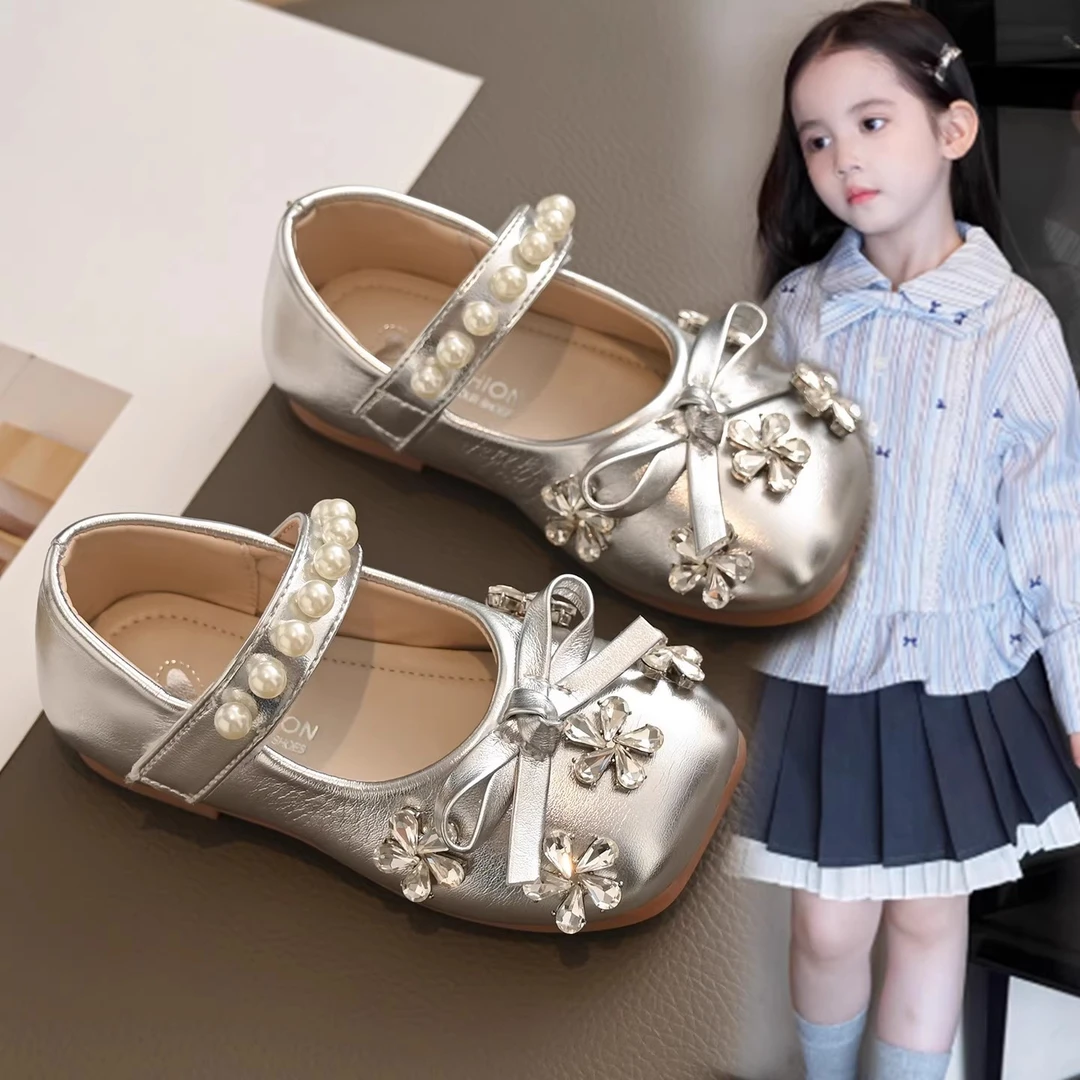 ABC女童公主鞋2025春秋新款儿童水钻花朵皮鞋洋气小女孩软底单鞋