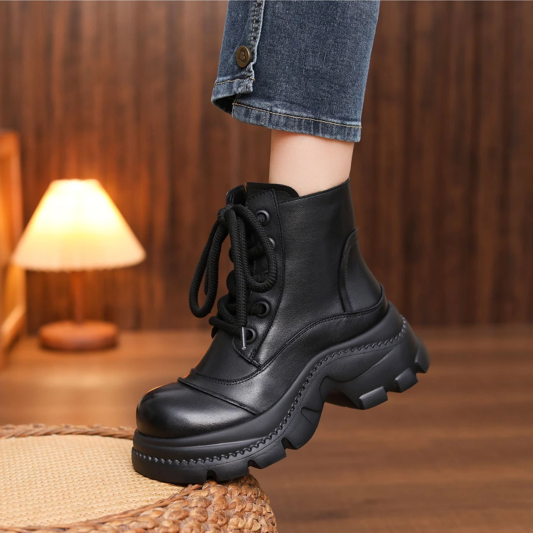 【木子手工】2025秋冬新款头层牛皮厚底马丁靴真皮粗高跟小个子靴子