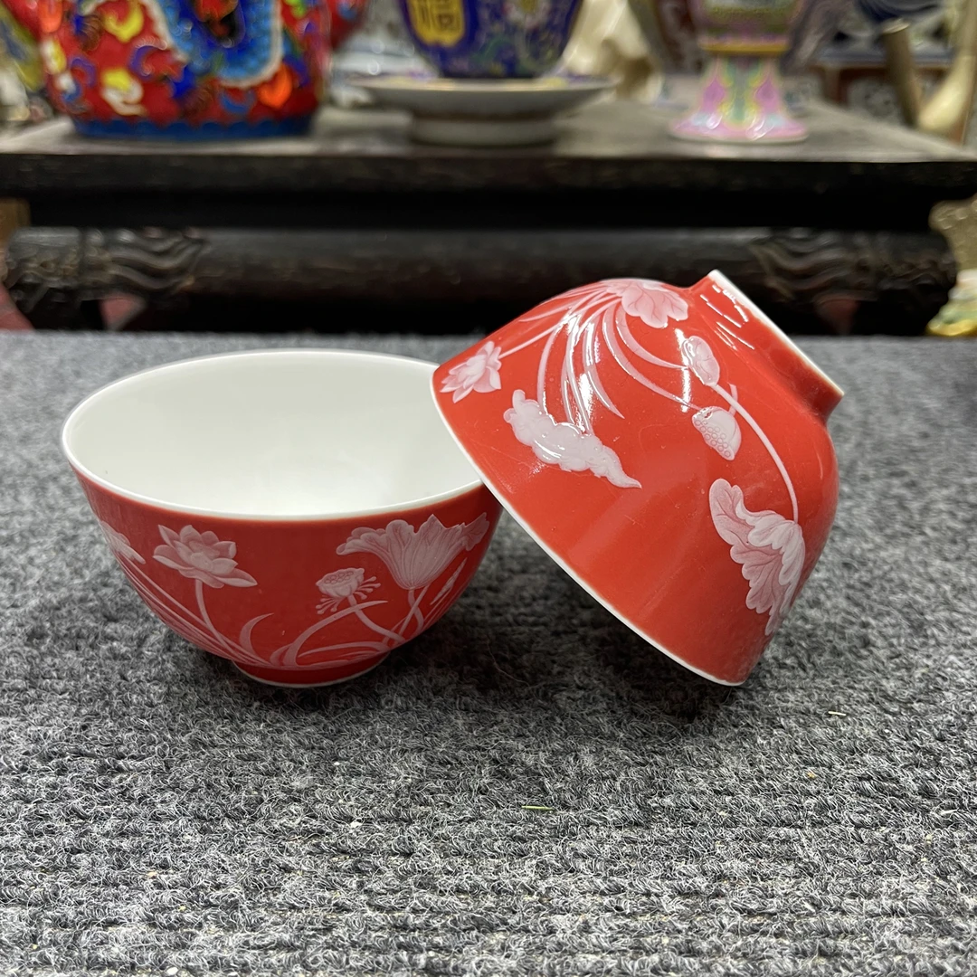 红釉荷花口杯压手杯主人杯