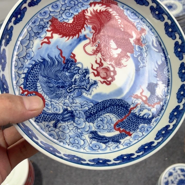 瓷片白青花双龙戏珠大壶承