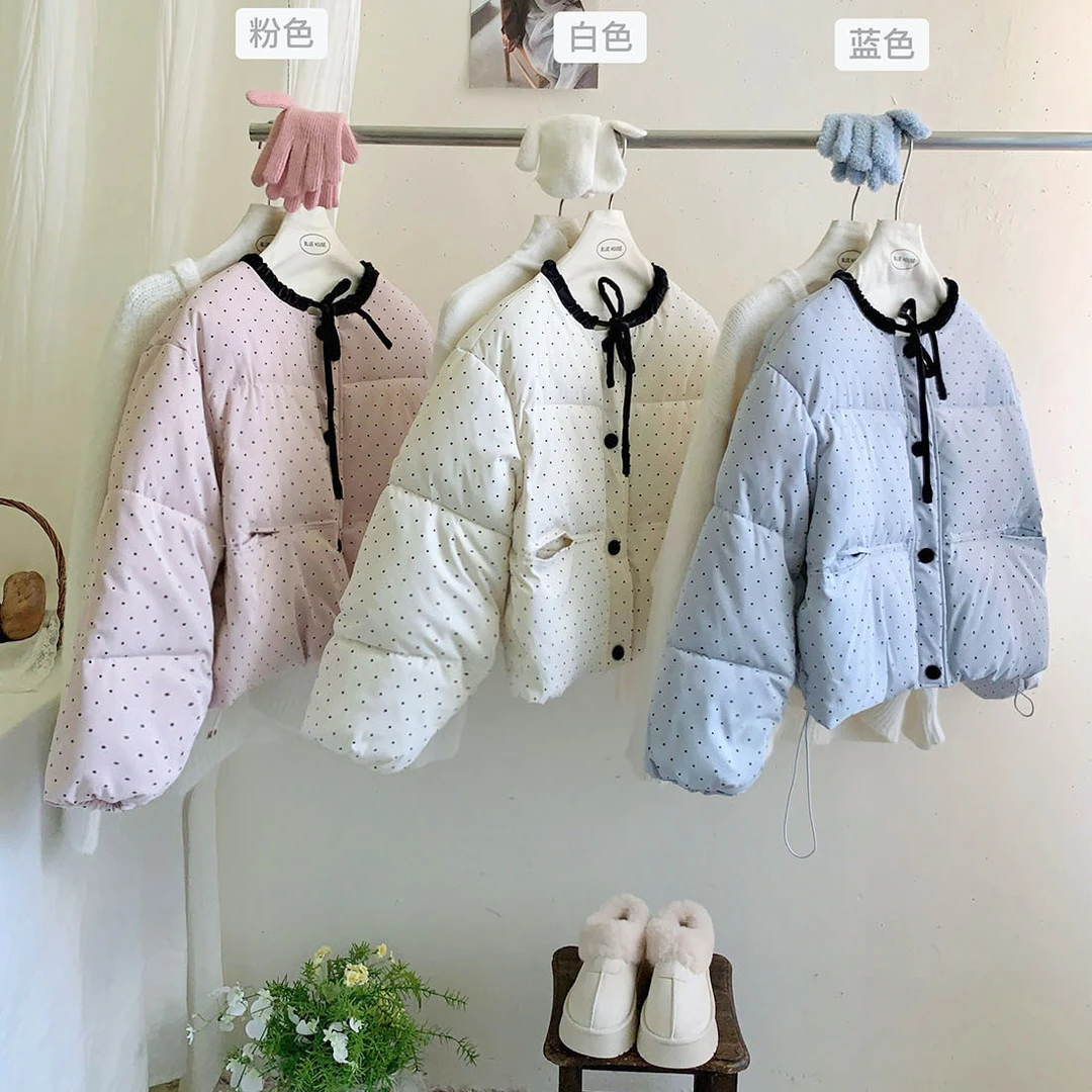 奶油泡芙系带抽绳波点圆领保暖棉服女冬宽松蝴蝶结面包服短款外套