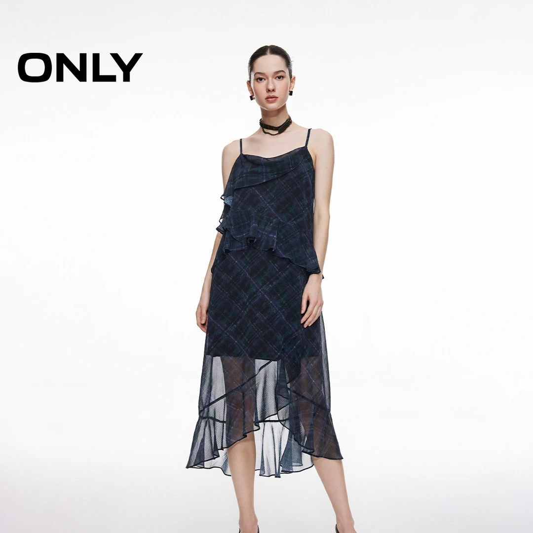 ONLY2025秋季新款时髦格纹吊带显瘦飘逸中长裙连衣裙女|125307003