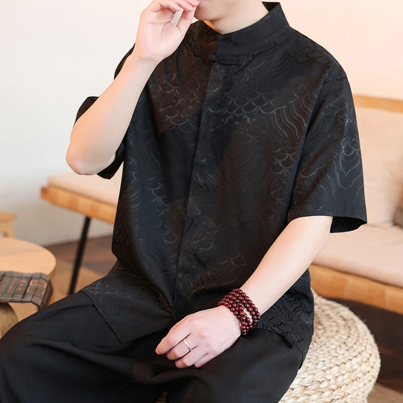 中国风男装唐装暗纹提花冰丝衬衫男短袖夏季宽松垂感汉服半袖衬衣