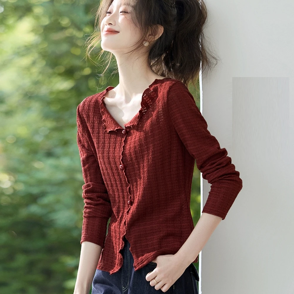 秋季新款气质肌理感长袖T恤时尚显白显瘦长袖褶皱分割开叉V领上衣