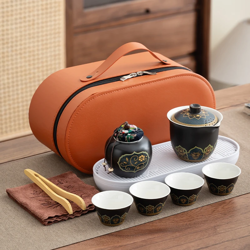 a0342黑/清韵一壶四杯+茶叶罐+白椭圆盘+棕茶巾茶夹/棕椭圆包