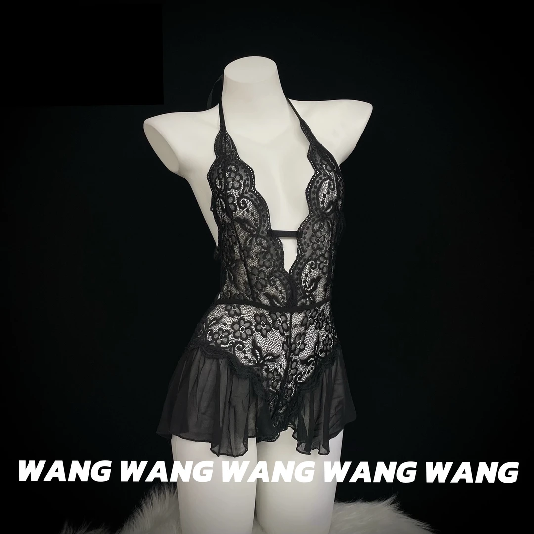 [WANG]性感蕾丝网纱挂脖连体女激情战袍睡裙