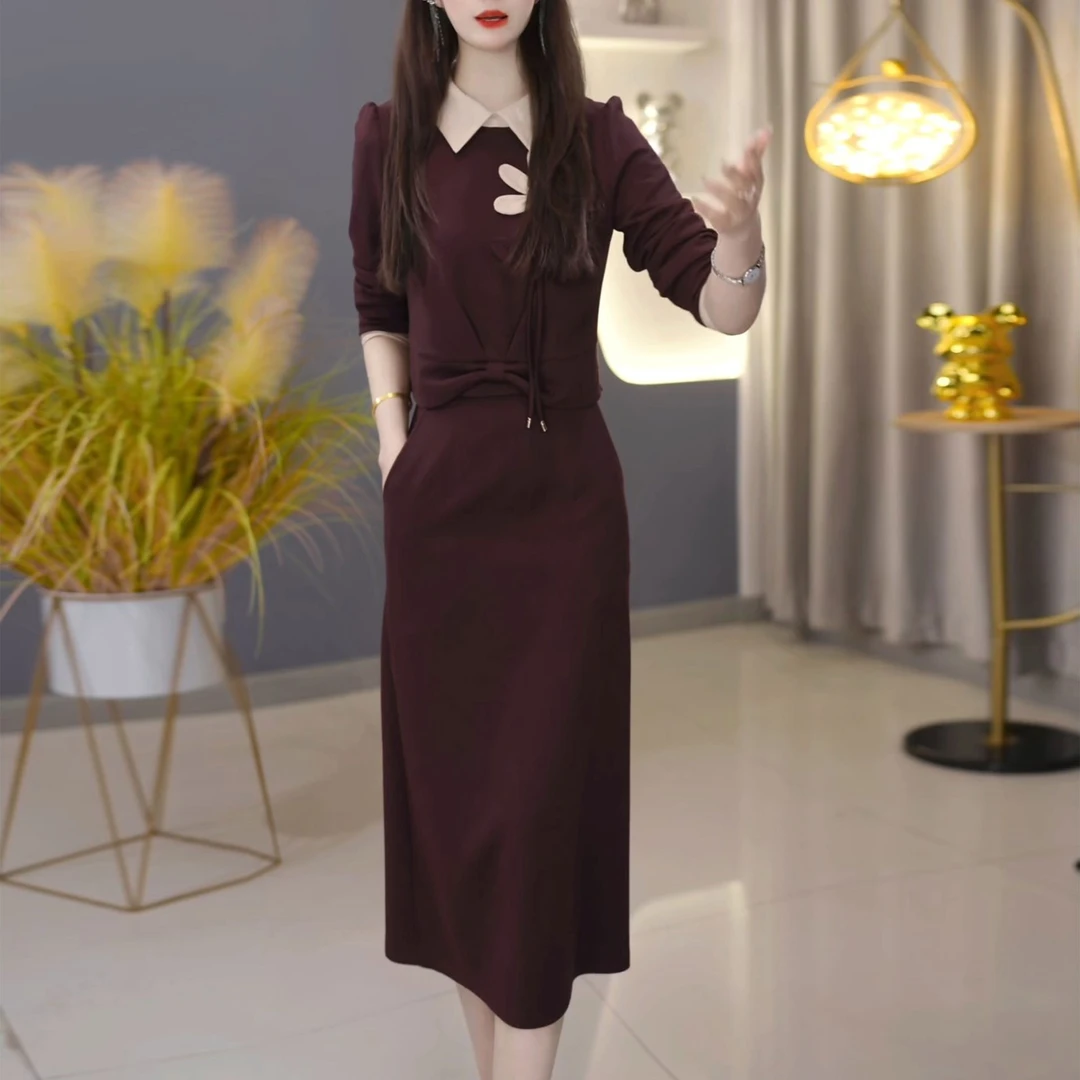 时尚套装裙女2025秋冬新款洋气显瘦翻领花朵上衣半身裙休闲两件套