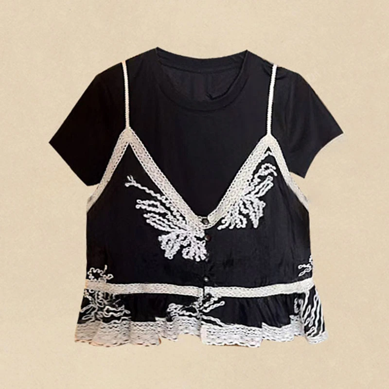 假两件拼接短袖时尚T恤女夏季2025年新款小众不撞款打底蕾丝上衣