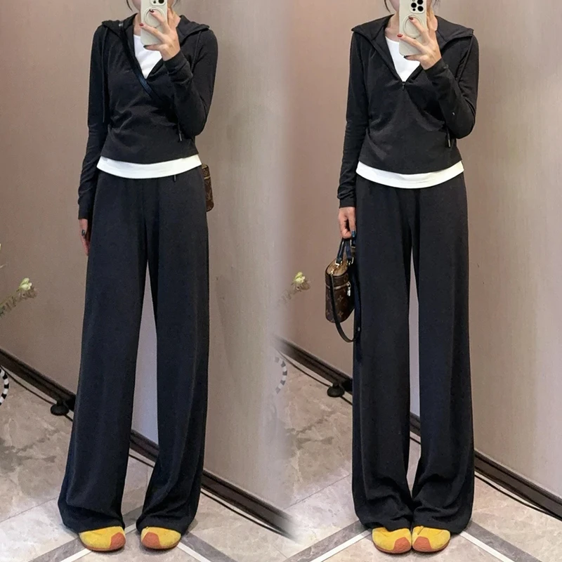 2025超火穿搭一整套秋装韩系时尚休闲假两件连帽卫衣阔腿裤两件套