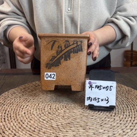 紫砂花盆一物一拍柴烧芭蕉刻绘直角四方042