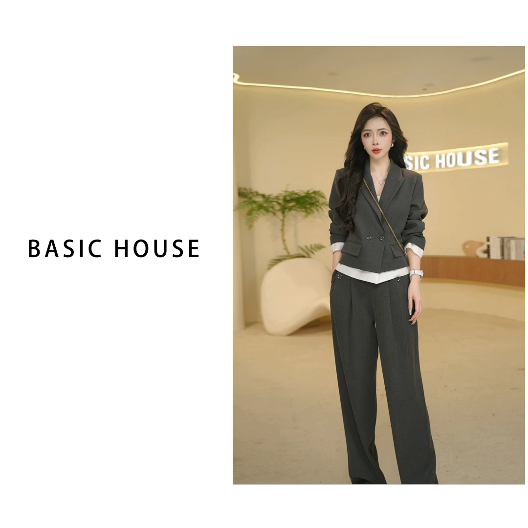 Basic House/百家好2025新款设计师高定百搭气质西装阔腿裤两件套