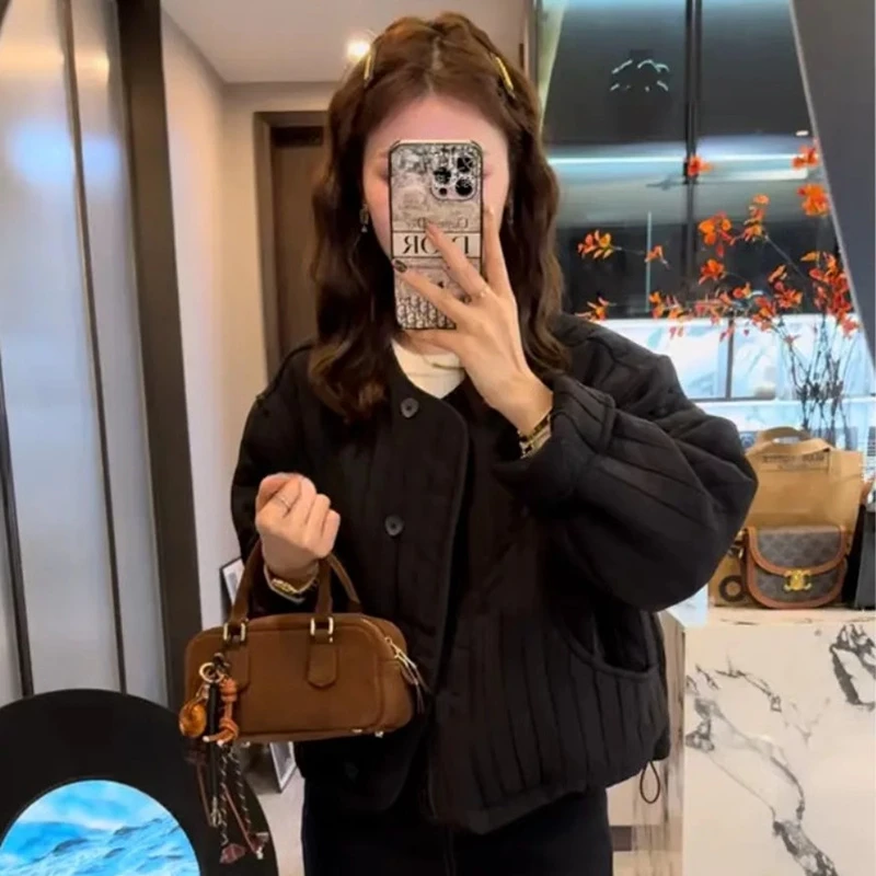 欧货时尚洋气竖条夹棉外套女2025秋冬小个子宽松休闲加厚短款棉服