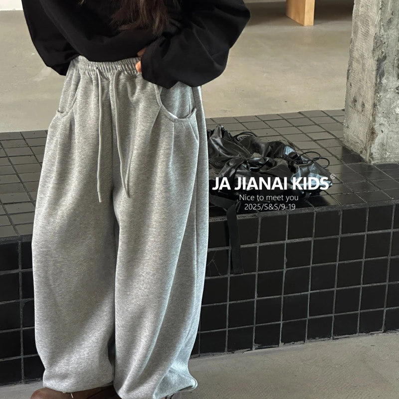 韩 2025 【X】8月24日 男童女童时尚灰色百搭针织卫裤5630-