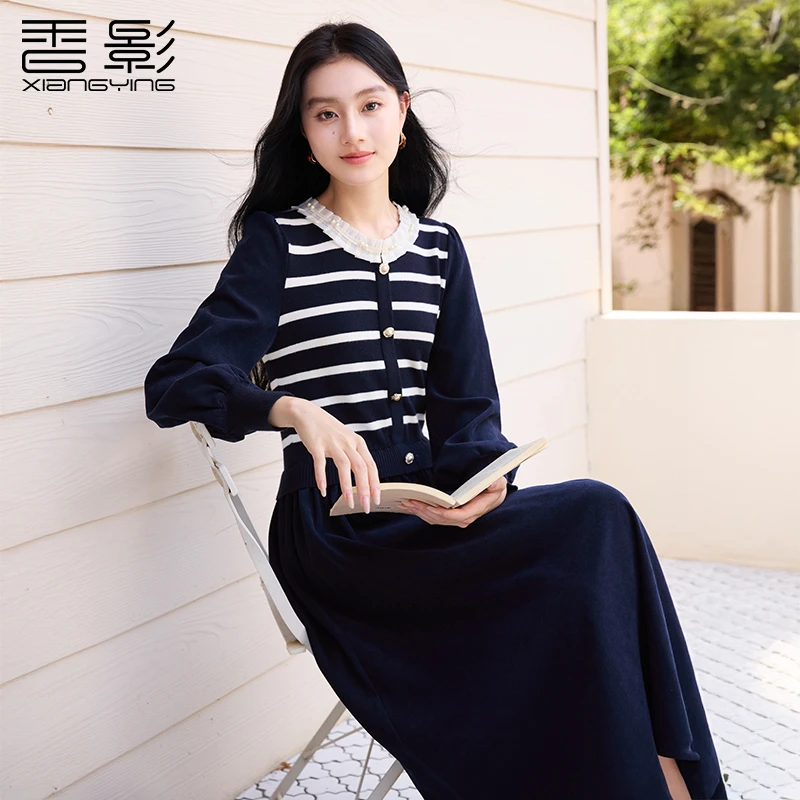 L85A525连衣裙 香影海军风条纹拼接连衣裙女秋季新款灯笼袖裙子