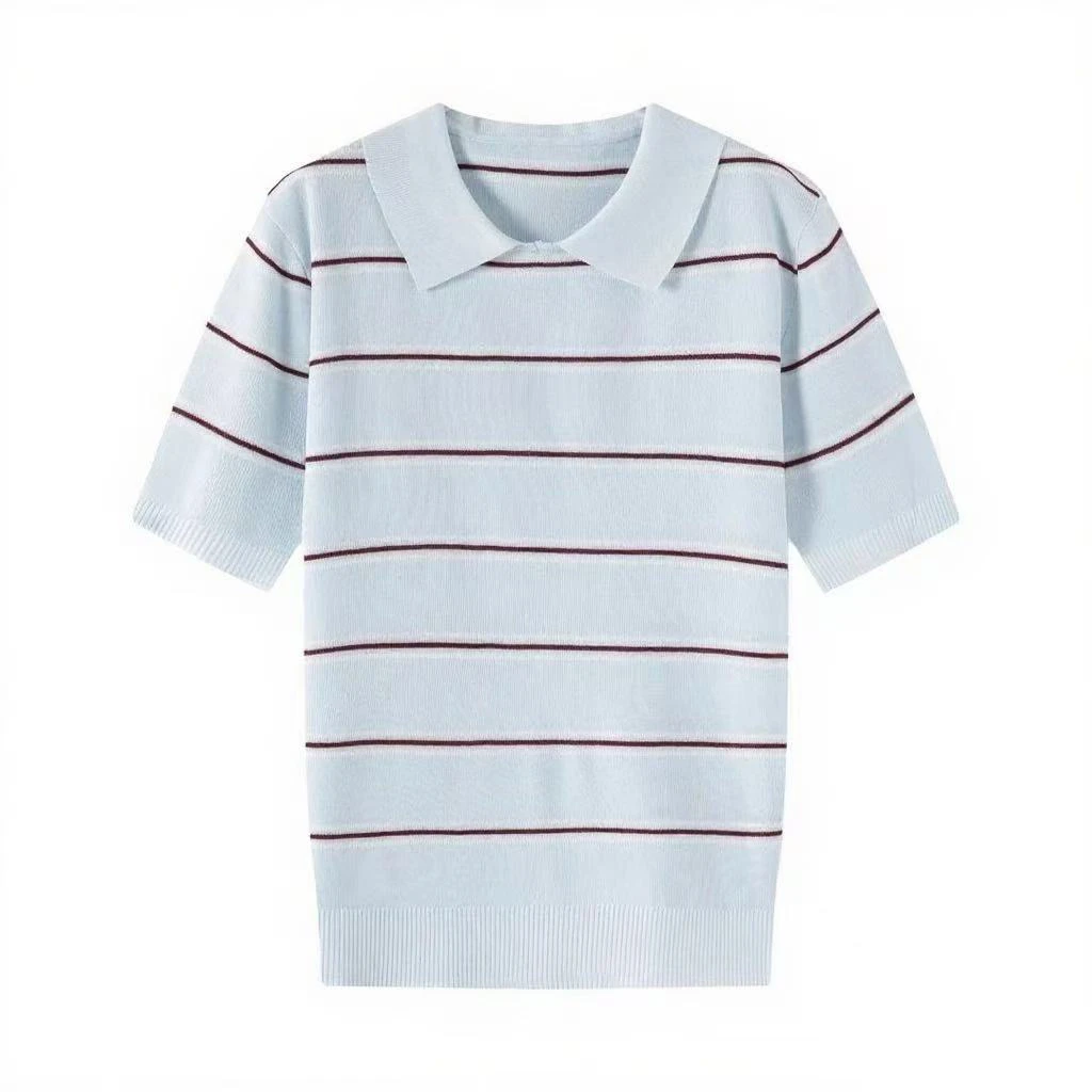 miu系撞色条纹polo领针织衫夏季轻薄透气减龄T恤