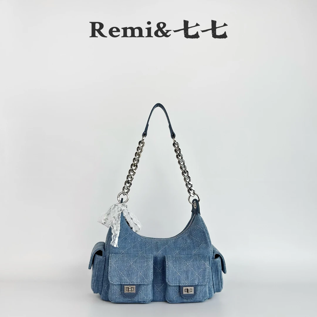 【七七】幂幂同款机车风小香菱格纹牛仔Hobo腋下单肩斜挎女包5197-1