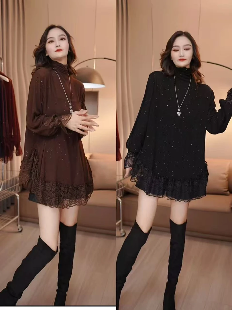 秋冬新款亮晶晶拼接蕾丝打底衫1028