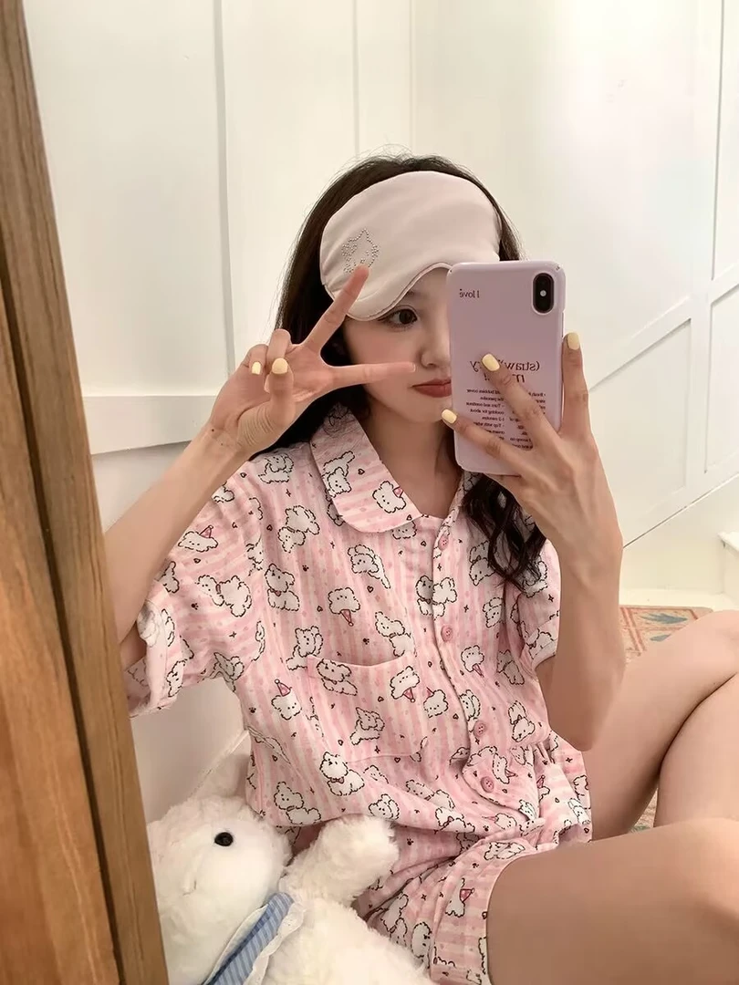 梭织 精梳棉 双层棉纱  春夏薄款新款甜美家居服套装女 睡衣